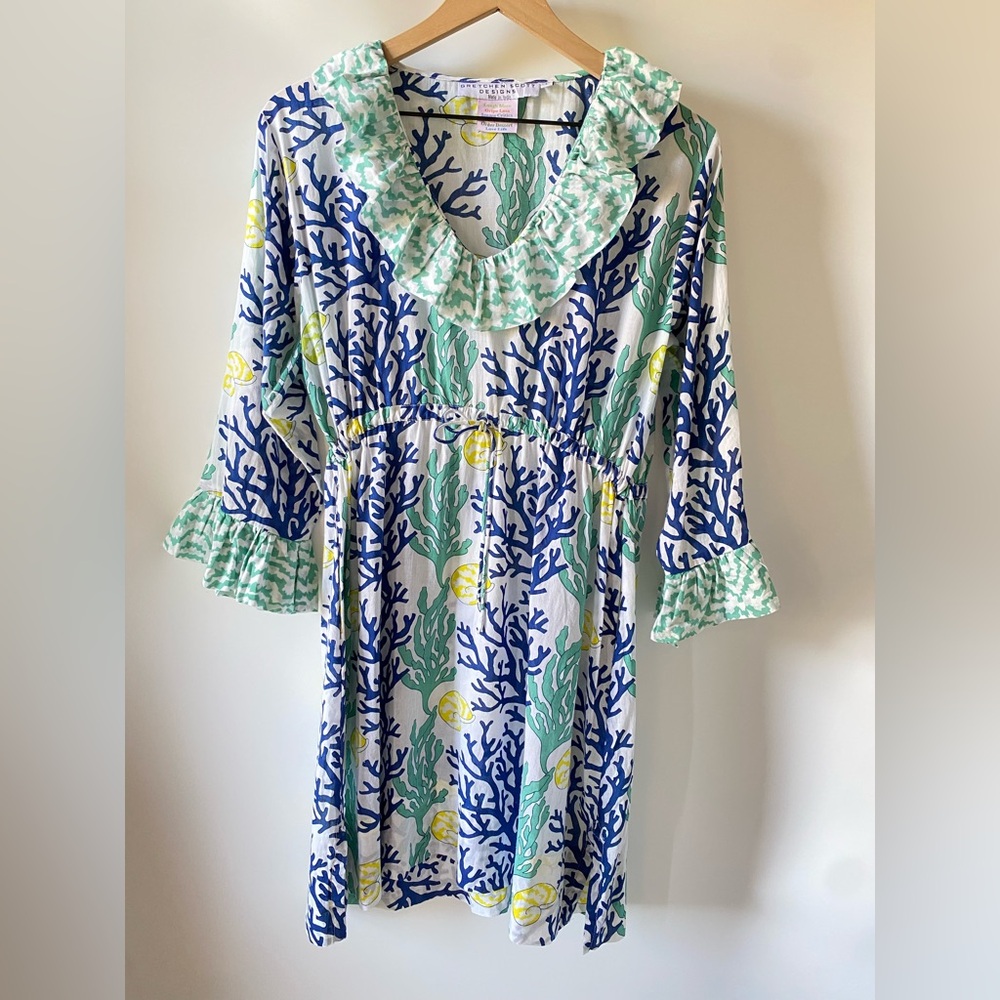 Gretchen Scott Coral and Seashell Cotton Dress Size L Vintage Coastal Print